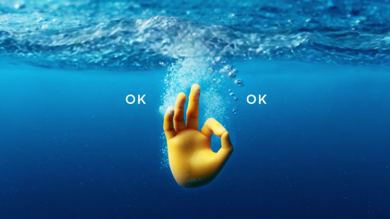 A Vibrant Underwater Scene Featuring a Yellow Hand Making an OK Gesture Surrounded by Bubbles and Aquatic Blues Captures a Unique Perspective of Esteemed Communication