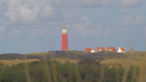 steady tele shot of waving marram grass in the foreground. in the distance we see a lighthouse in the dunes together with some builings. the sky is blue with beautiful clouds passing by.