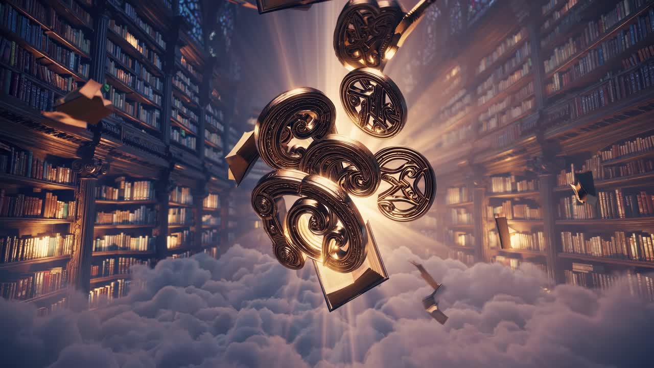 Enchanted books levitate and swirl in a mystical library, illuminated by radiant light, creating a captivating scene of magic and wonder in a cloud-filled atmosphere