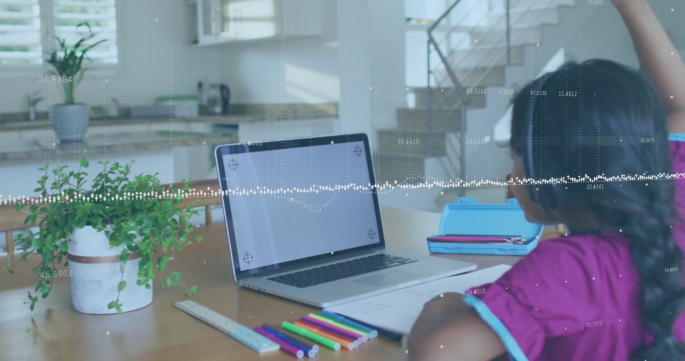 Opening notebook student watching waveform animating on laptop and raising hand for remote class