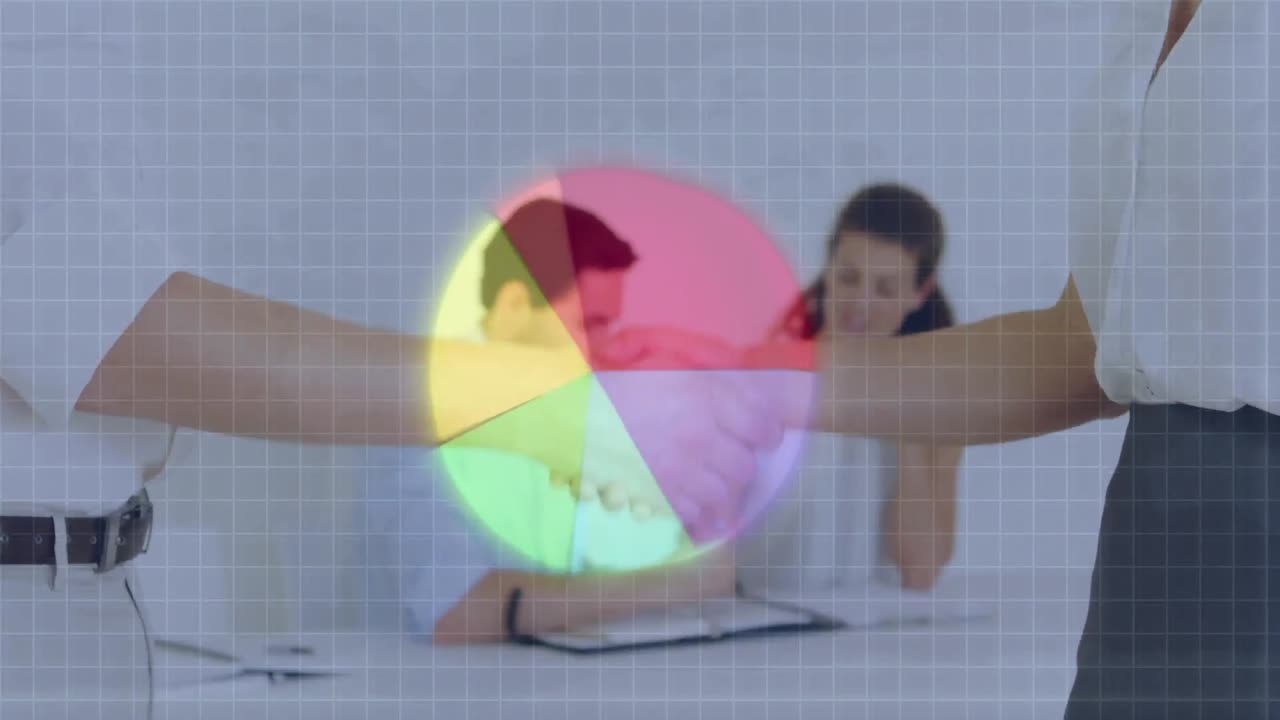 Pie graph over grid network against mid section of businessman and businesswoman shaking hands