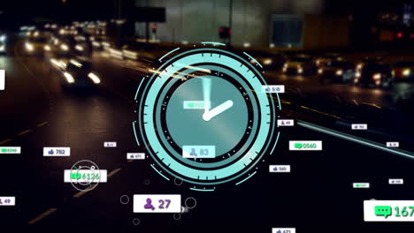 animación del reloj sobre iconos de redes sociales y paisaje urbano
