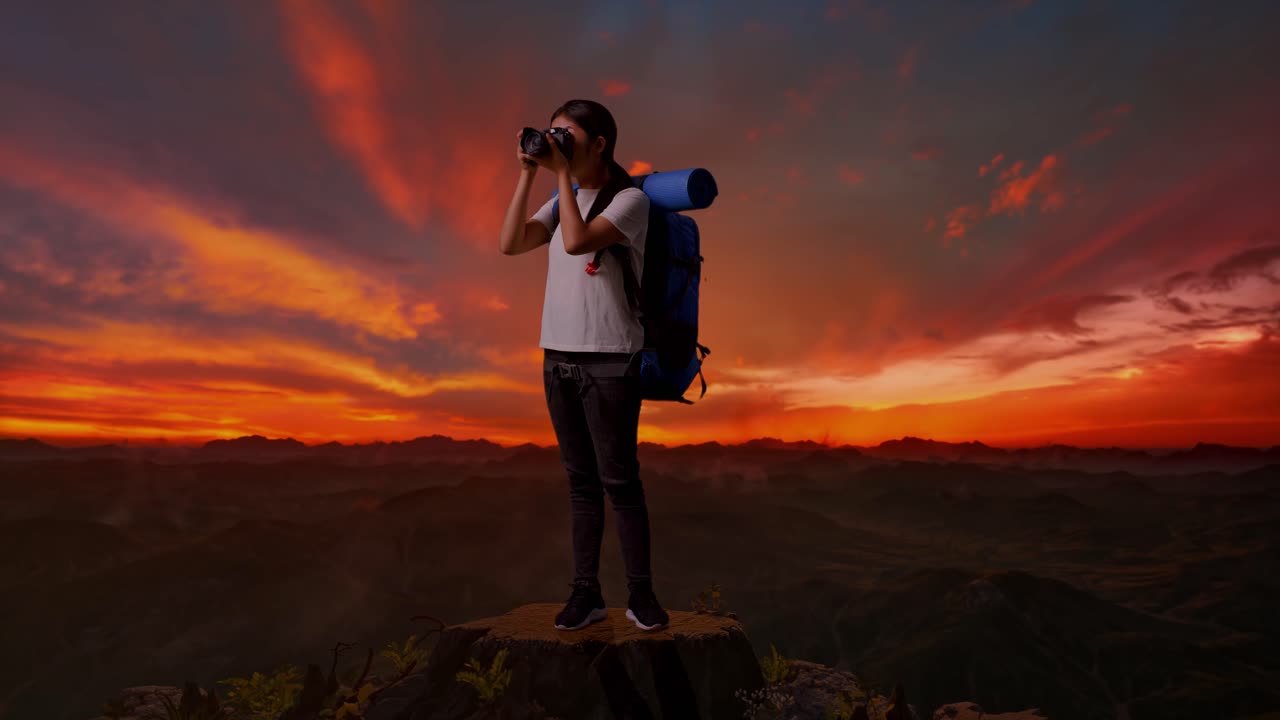 mujer fotógrafa en la cima de la montaña al atardecer