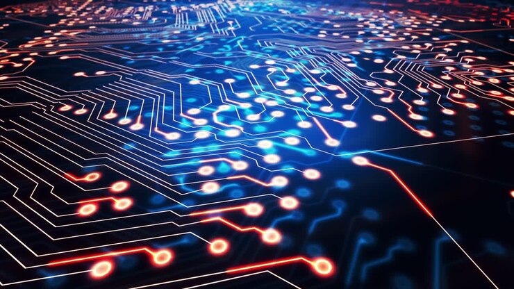Animation of light trails moving over computer circuit board