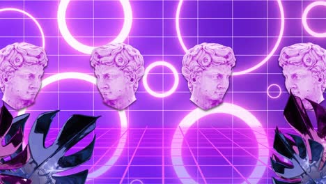 animation of head sculptures with interference over neon shapes and leaves on blue background