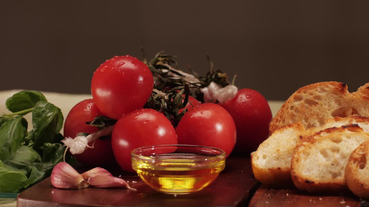 Delicious tapas bread with tomatoes pasta with olive oil close-up, bruschetta with red sauce ketchup, olives dry tomatoes and tasty sandwich bar appetizer, buffet