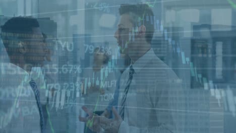 animation of financial data processing over diverse business people in office