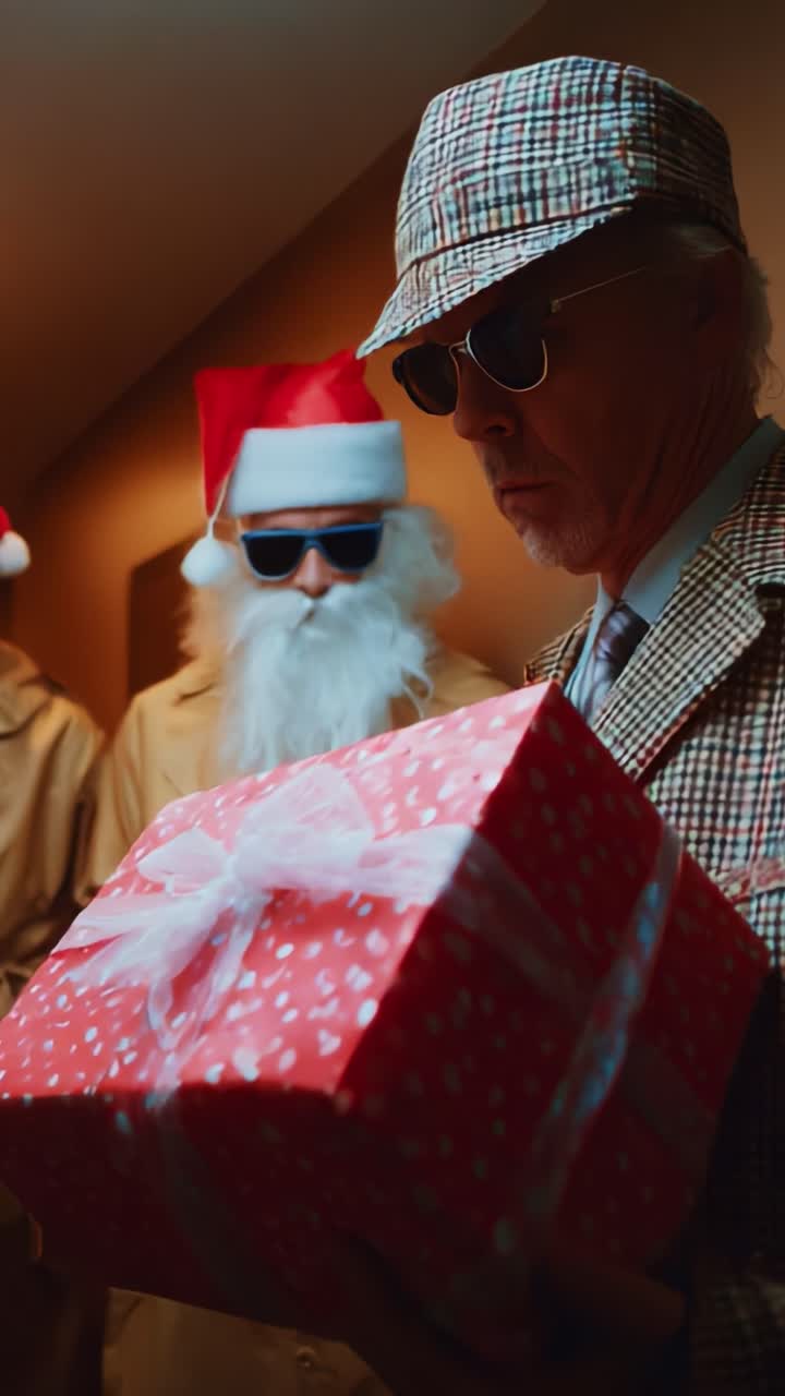 A Mysterious Scene Unfolds With Santa Figures and a Detective, eavesdropping on Gift-Switching, Creating a Whimsical Atmosphere of Holiday Intrigue and Suspense Filled with Laughter and Mystery