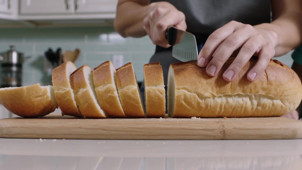 Un adulto con un grembiule grigio affetta con un coltello seghettato su un tagliere in cucina, mentre un bambino tiene fermo il pane.