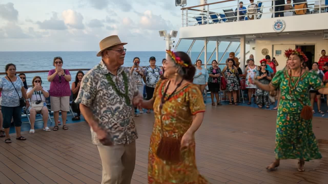 A Colorful Celebration of Dance at Sea with Joyous Performers in Traditional Costumes Showcasing Cultural Heritage and Community Spirit Among Enthusiastic Audience Members