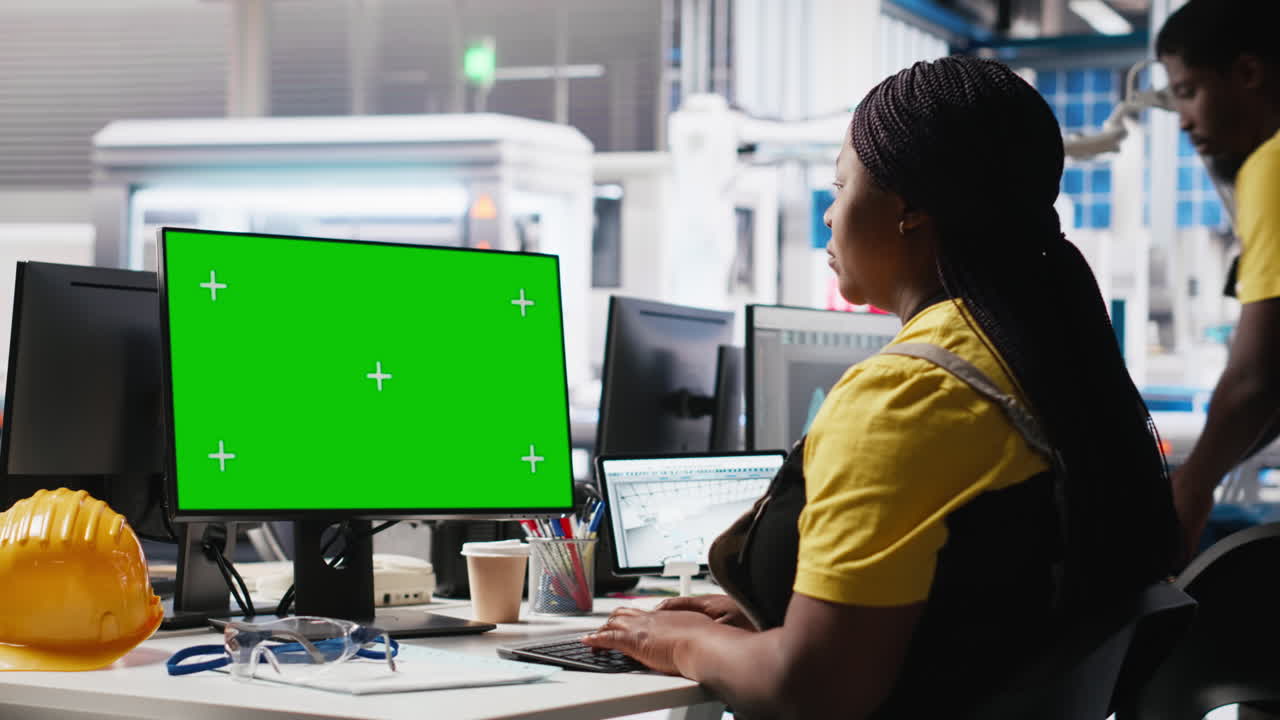 Solar panels plant engineer overseeing energy consumption using isolated screen