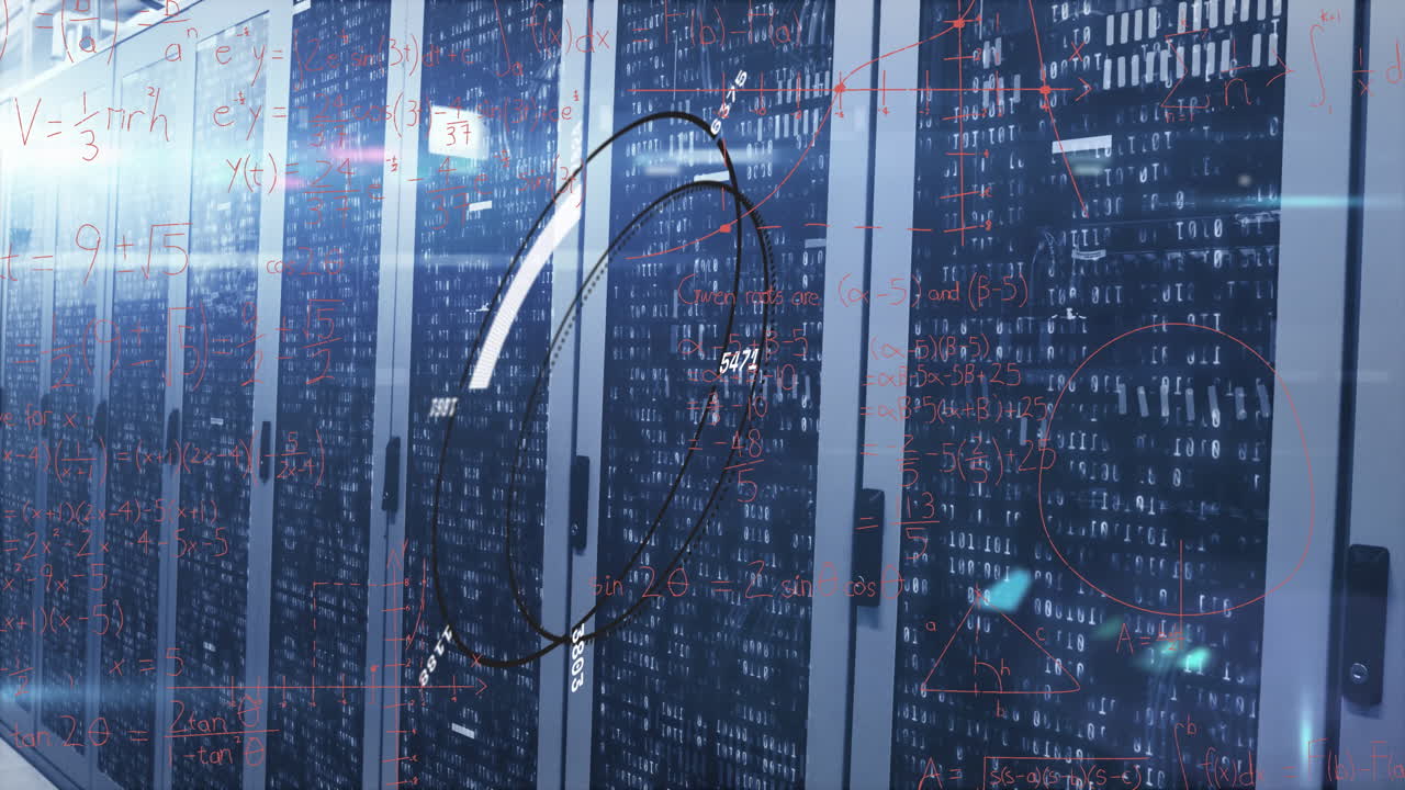 Animation of loading circles, numbers, mathematical equation, binary codes on data server racks