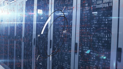 animation of loading circles, numbers, mathematical equation, binary codes on data server racks