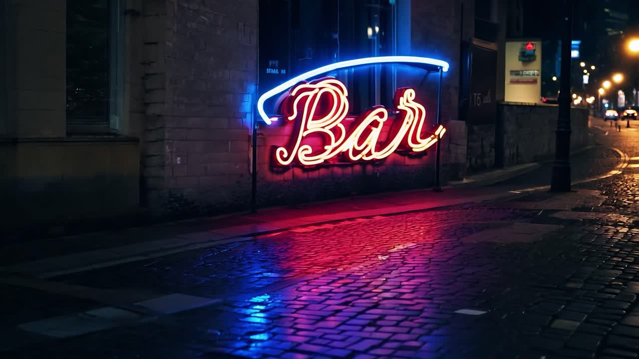 Flickering red and blue neon bar sign illuminates a deserted cobblestone street at night, creating a vibrant urban atmosphere