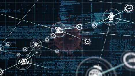 Network-of-digital-icons-and-data-processing-against-covid-19-cell-spinning-on-black-background