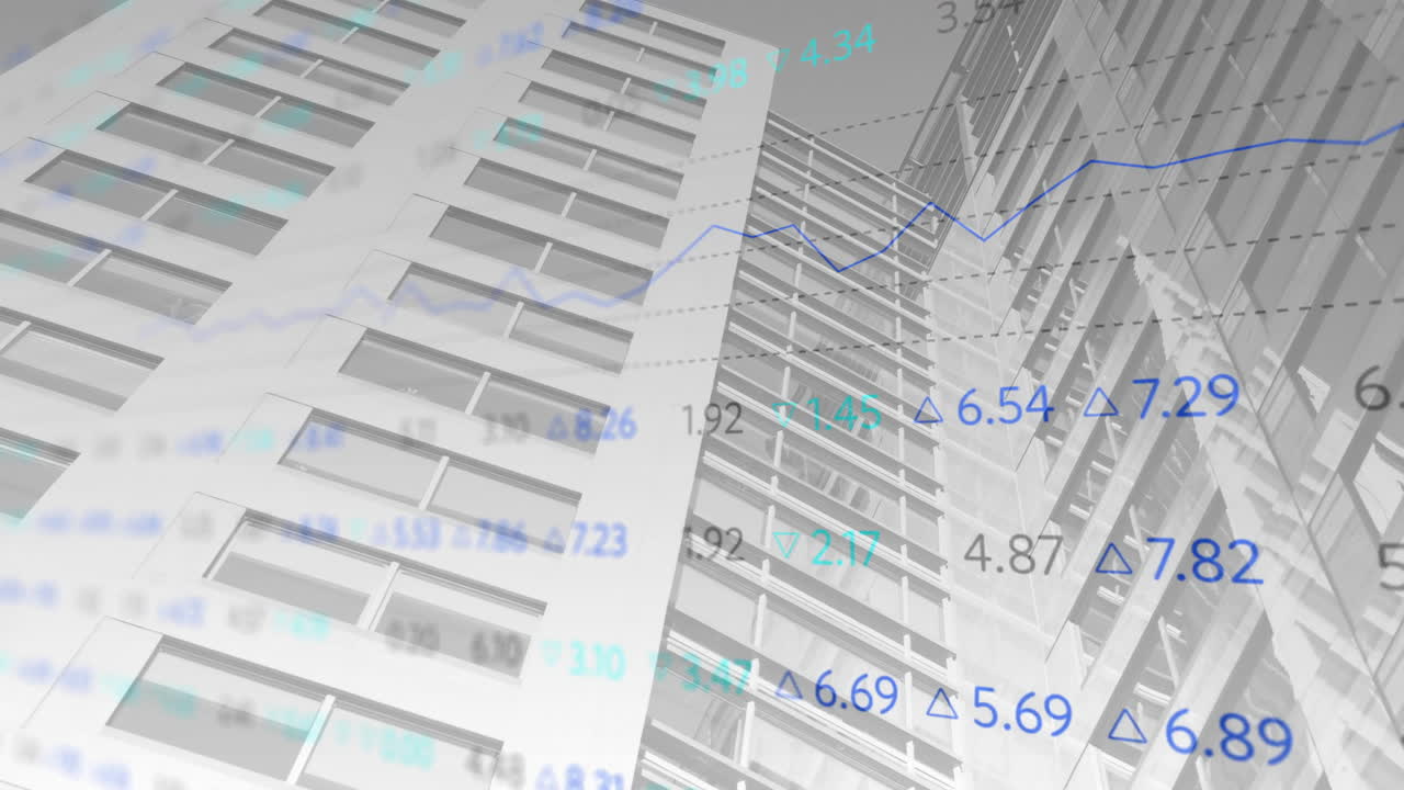 3D glass skyscrapers towering low-angle while blue green financial data overlays moving upward