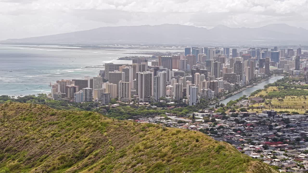 Aerial View of Honolulu Hawaii USA From Diamond Head Volcanic Tuff Cone, Drone Shot