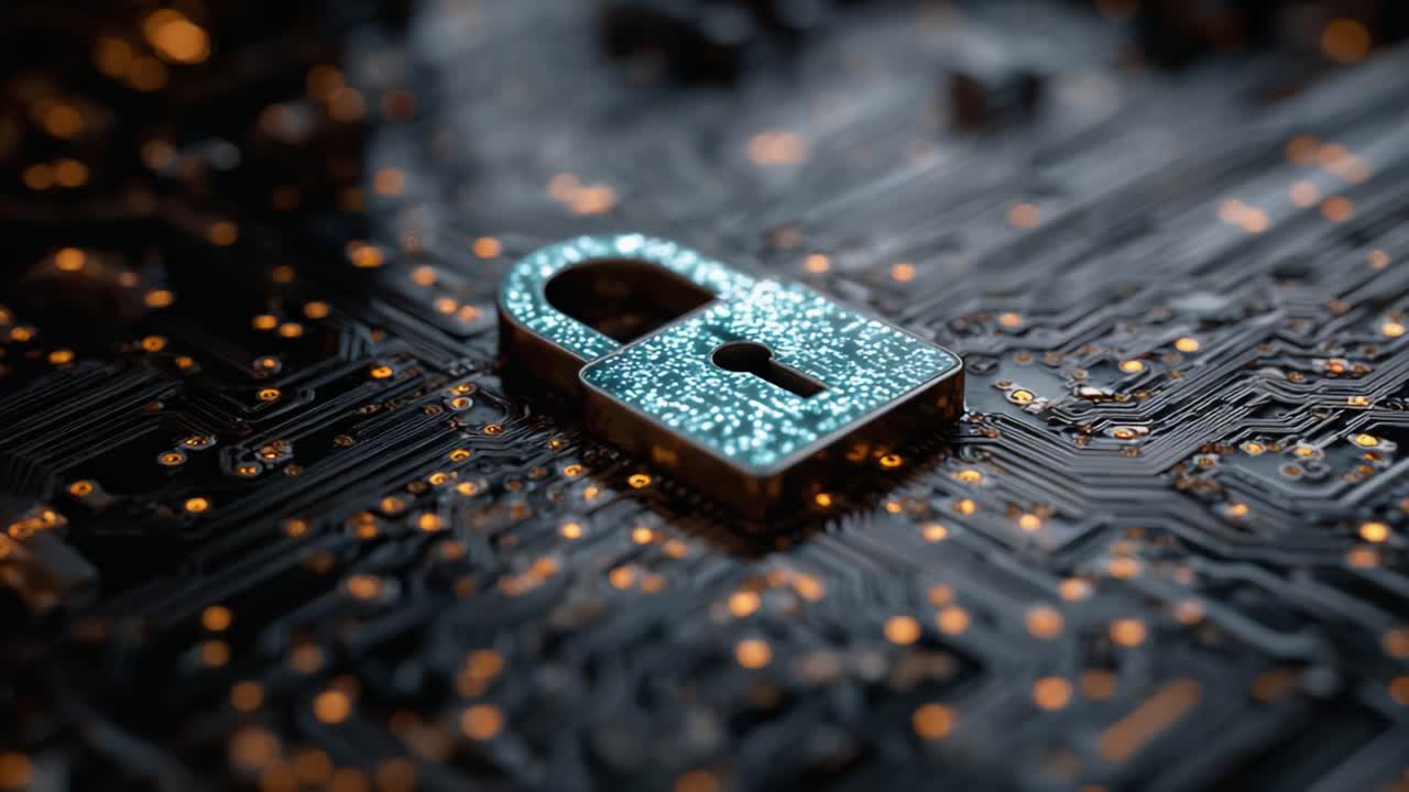 A Stunning Close-Up of a Stylish Lock on a Circuit Board, Highlighting Security in the Digital Age with Vibrant Lights and Intricate Patterns