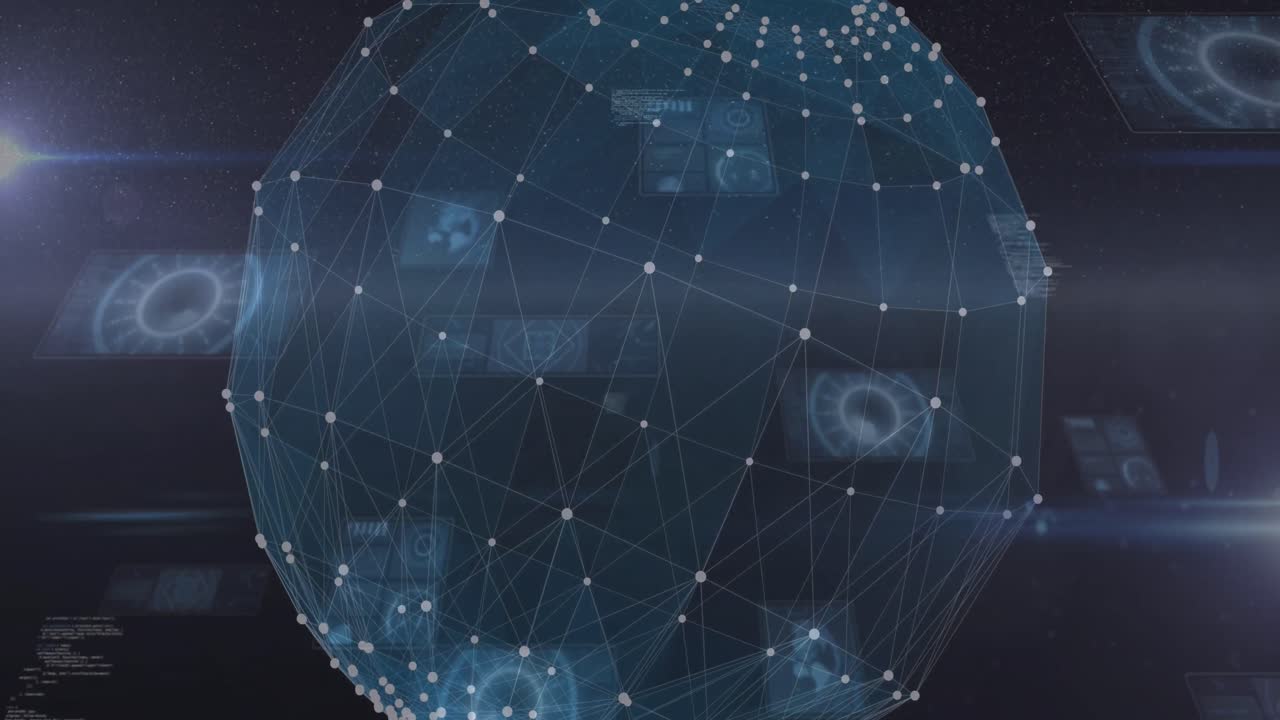 Animation of network of connections and scopes scanning over blue background