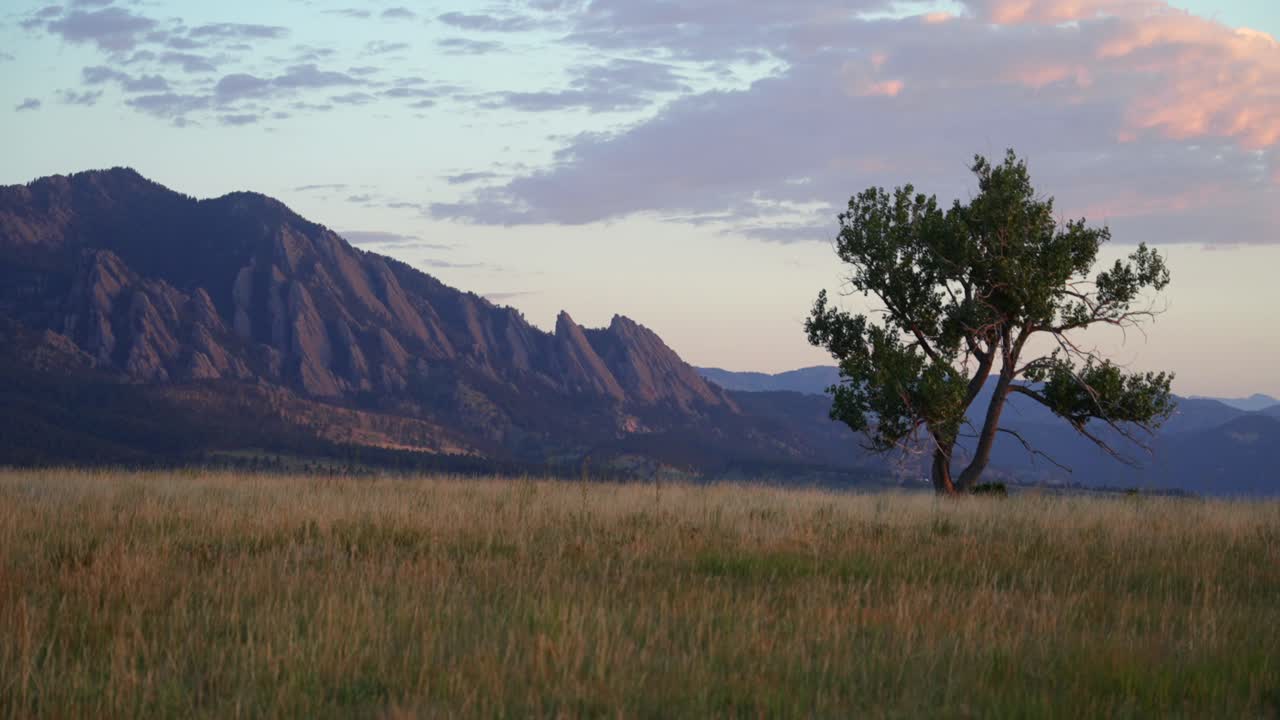 Flatirons Front Range Boulder Chautauqua Park morning sunrise aerial drone Colorado spring summer pink cloud first light on red slanted scenic nature boulder Rocky Mountains windy tree nature scenery