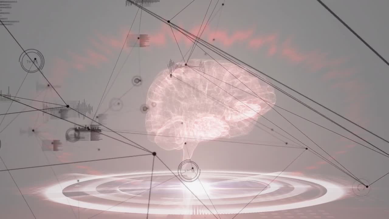 회색 배경에 대한 인간 뇌 모델에 대한 연결 네트워크와 데이터 처리