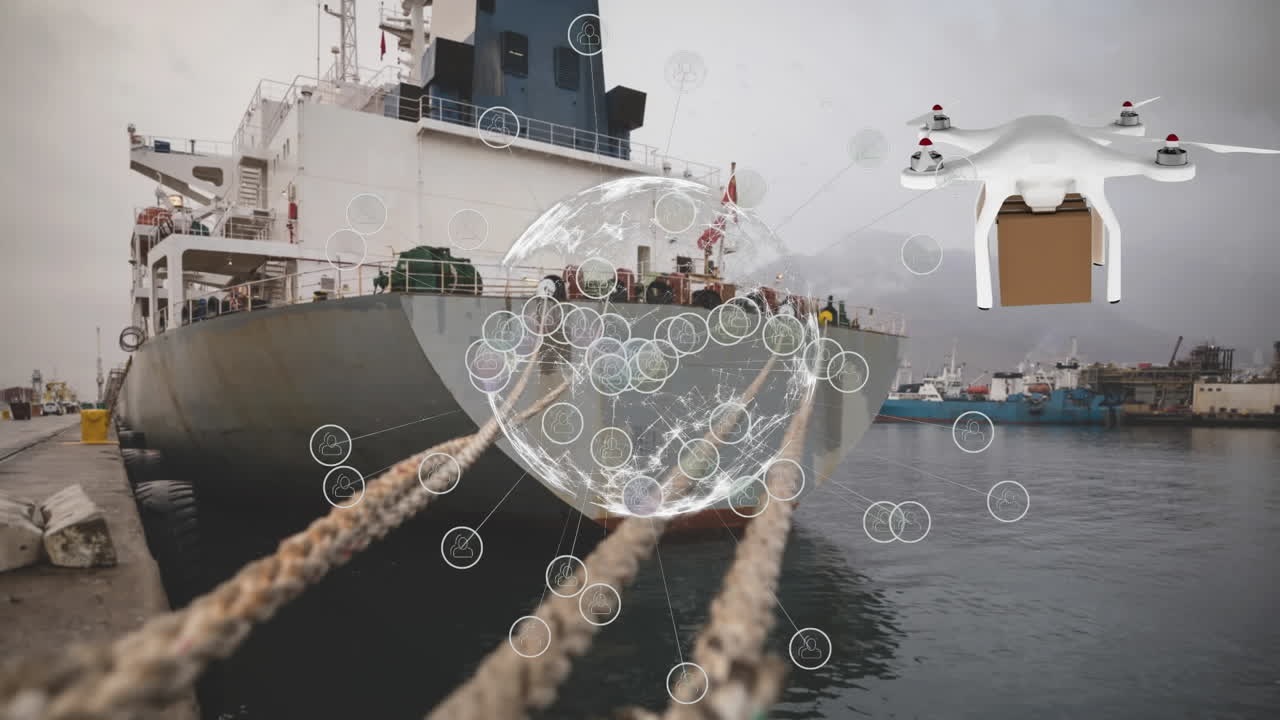 드론을 통한 연결 네트워크의 애니메이션과 항구를 통한 패 ⁇