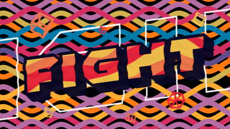 animación del texto de la lucha en rojo, naranja y amarillo sobre un fondo con patrones vibrantes