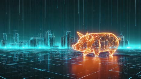 digital piggy bank in a futuristic cityscape