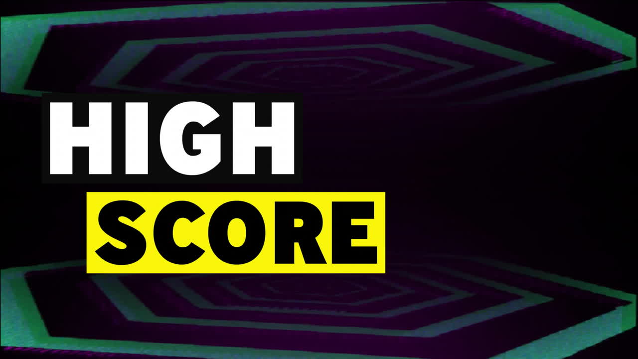 High score text over geometric animation with purple and green shapes