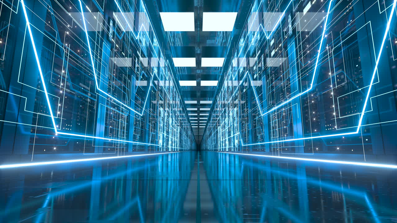 ir hacia adelante en la sala de servidores de seguridad de la red informática, renderización 3d.