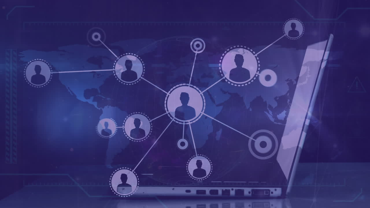 Animation of network of profile icons over world map against mid section of a man using laptop