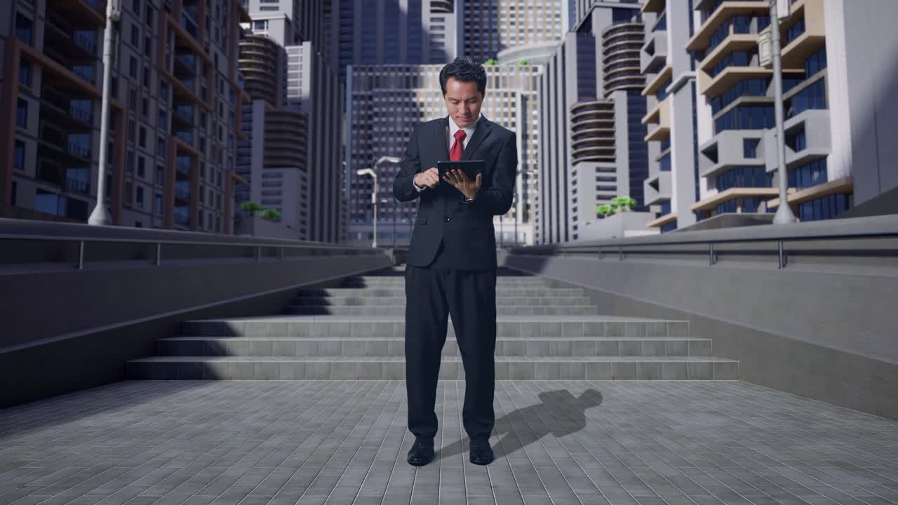 cuerpo lleno de hombre de negocios asiático sonriendo mientras usa la tableta en la ciudad
