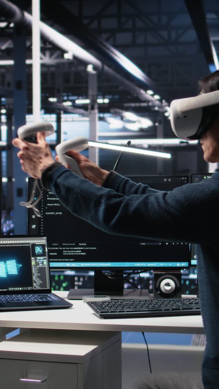 Vertical video Data center engineer using virtual reality, working on neural networks