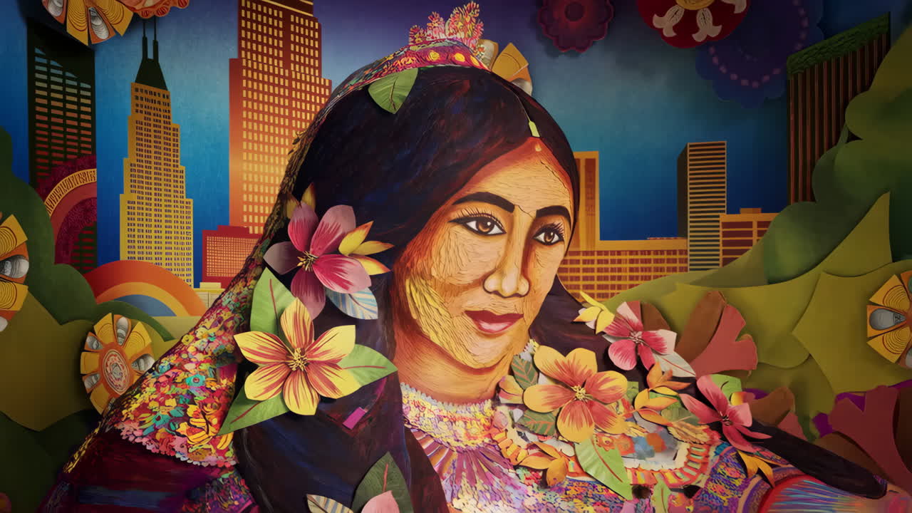 Vibrant Stylized Portrait of a Woman with Flowers and Cityscape