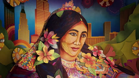 vibrant stylized portrait of a woman with flowers and cityscape