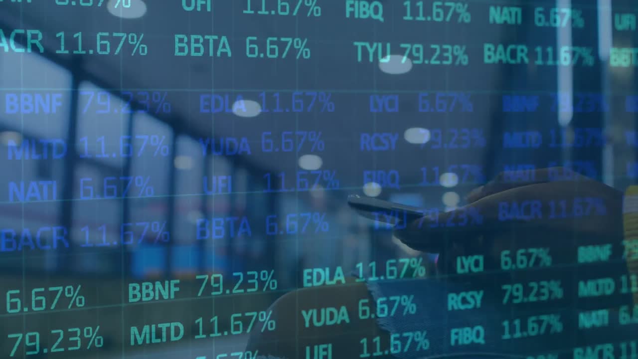 animación del mercado de valores sobre el hombre usando un teléfono inteligente