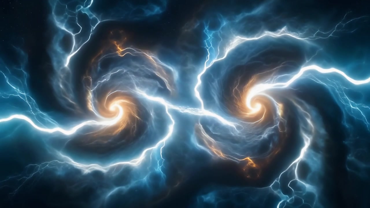 Abstrakt animation af to sammenkoblede glødende energihvirvler med lyn