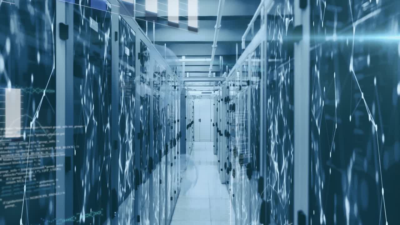 Animation of statistics recording and data processing over tech room with computer servers