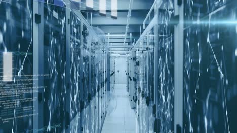 animation of statistics recording and data processing over tech room with computer servers