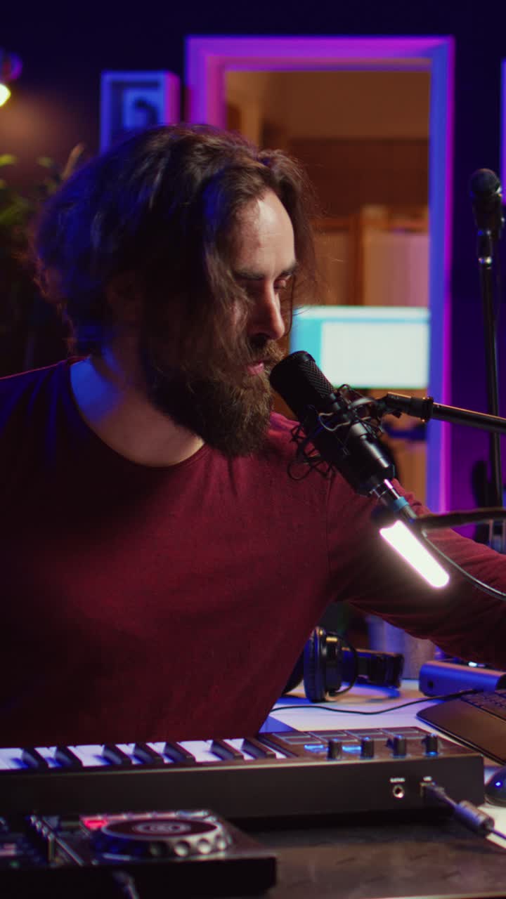 Uomo creativo che registra l'audio con un microfono in uno studio domestico