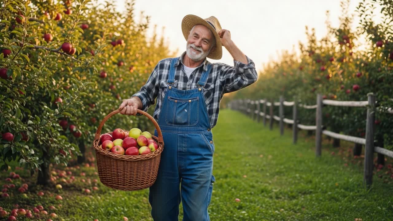 A Joyful Apple Farmer Enjoying His Harvest in a Beautiful Orchard, Smiling While Carrying a Basket Full of Freshly Picked Apples Under the Warm Sunlight