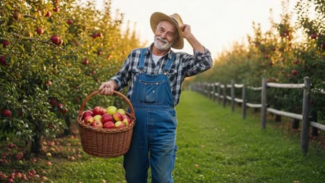 a joyful apple farmer enjoying his harvest in a beautiful orchard, smiling while carrying a basket full of freshly picked apples under the warm sunlight