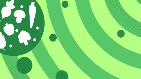 animation of vegetables in circle and dots moving on green striped background