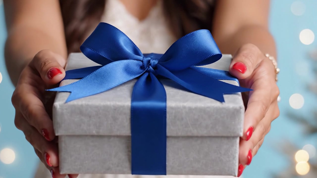 A Beautifully Wrapped Gift with a Blue Bow Offered by a Person in Elegant Attire, Symbolizing Celebration, Joy, and Giving During a Festive Occasion with Soft Background Lights