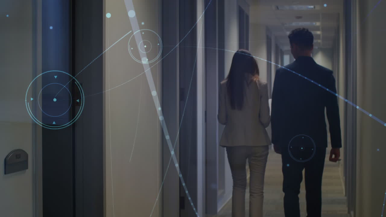 Animation of network of connections over diverse business people walking