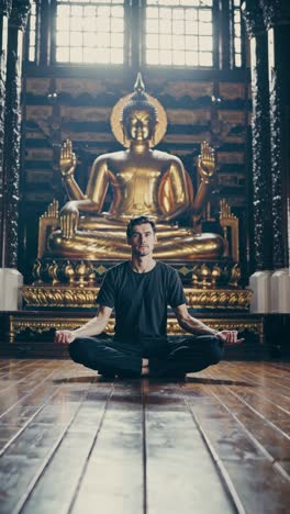 caucasian man meditating in lotus position in a temple in front of a big golden buddha statue, finding peace and serenity in his spiritual journey