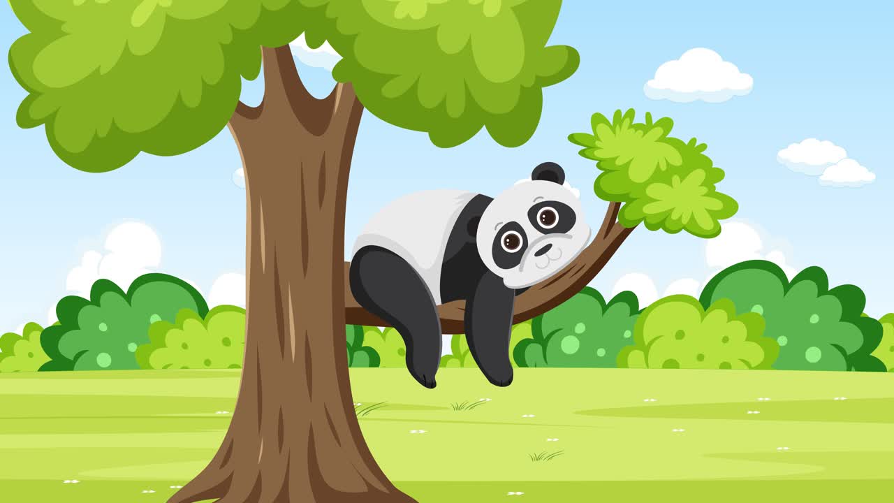el panda animado interactúa con un árbol