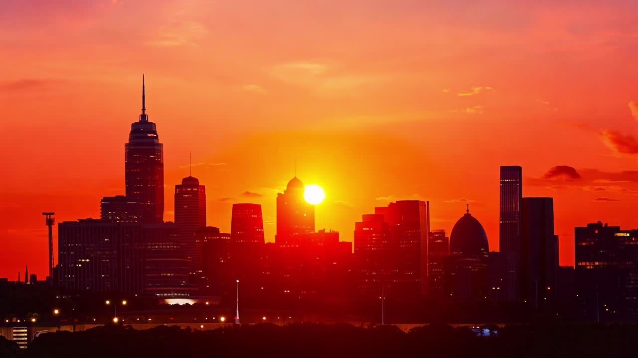 필라델피아의 스카이 라인 위에서 해가 뜨는 것은 도시를 따뜻한 빛으로 목욕시켜 놀라운 건축과 도시 풍경을 강조합니다.