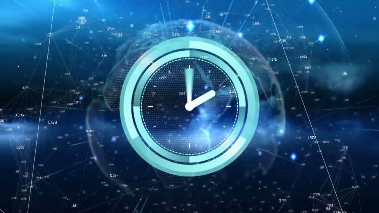 Futuristic clock animation with digital network connections and data points