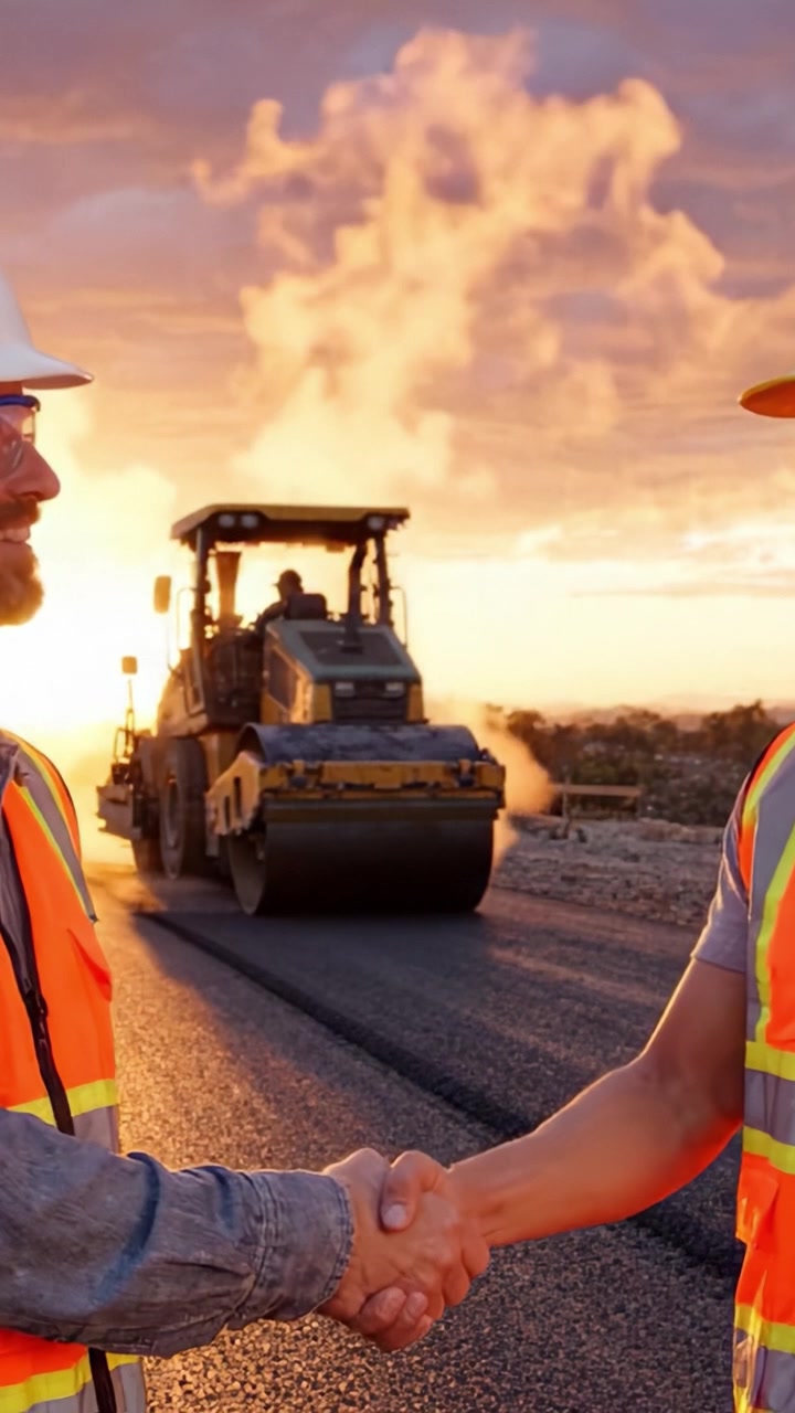 Construction Workers Collaborate at Sunset Over a Roadwork Site with Steam Rising as Heavy Machinery Operates Creating a Dynamic Atmosphere.